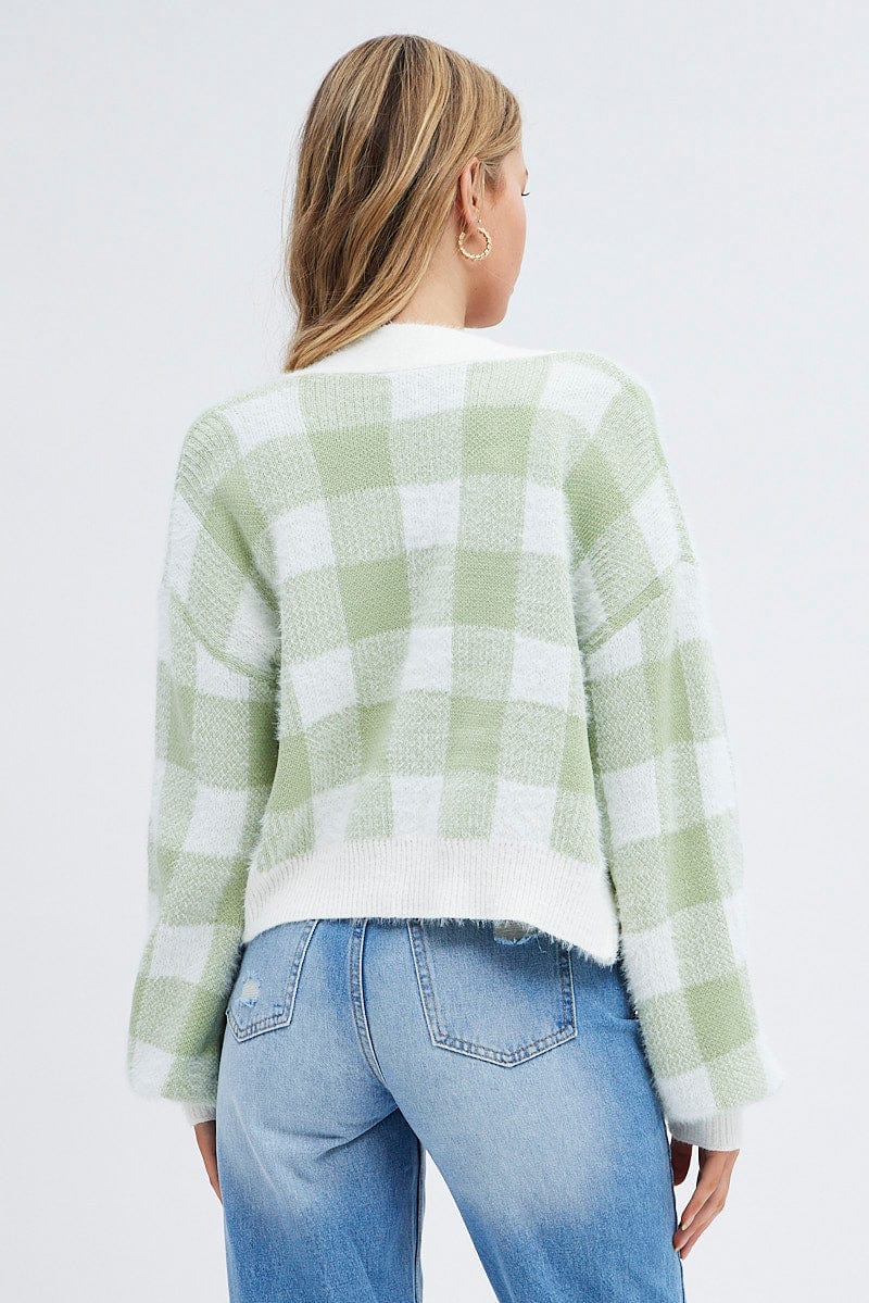 Green Check Crop Knit Cardigan Check