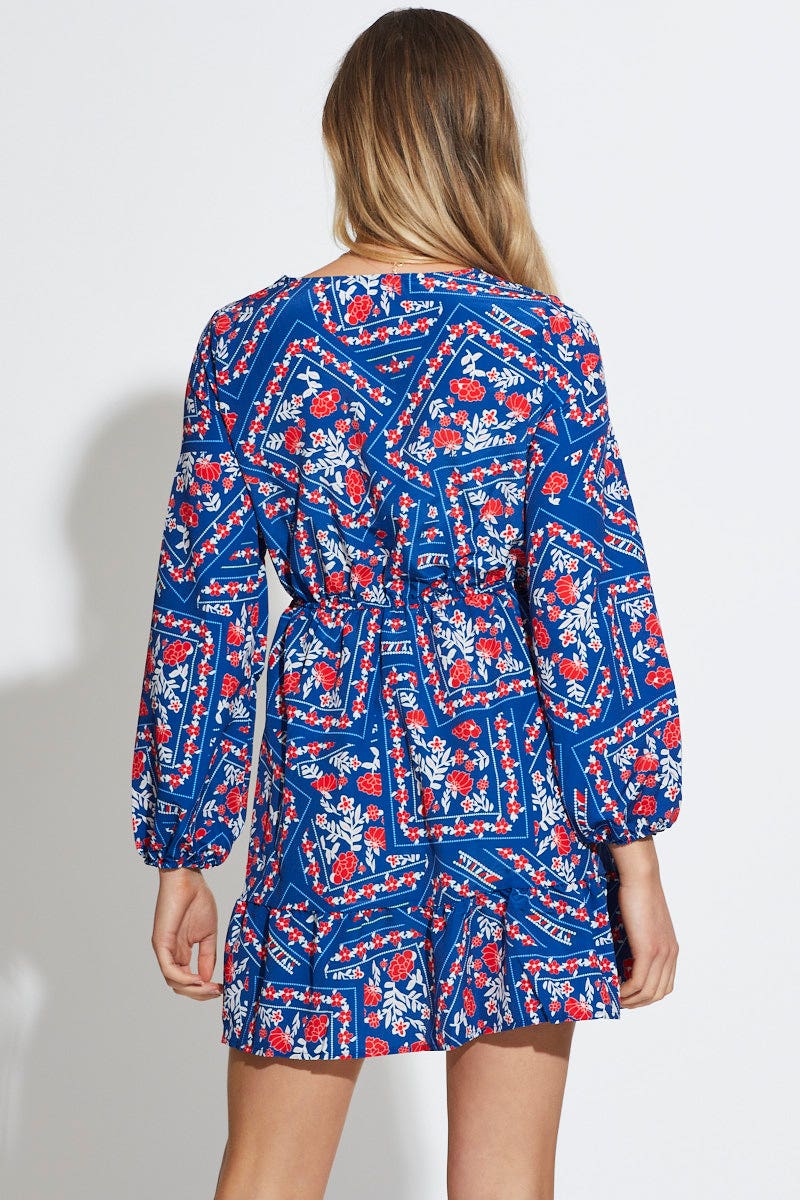 Print Mini Dress Long Sleeve V Neck