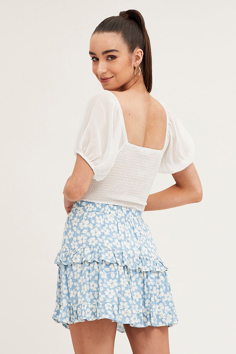 Print Elastic Waist Mini Skater Skirt