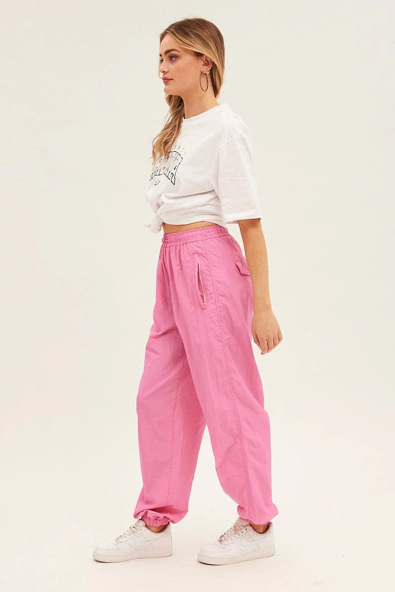 Pink Parachute Cargo Pants Mid Rise