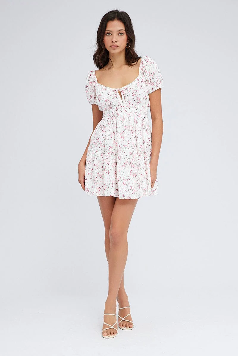 Pink Floral Fit And Flare Dress Puff Sleeve Mini