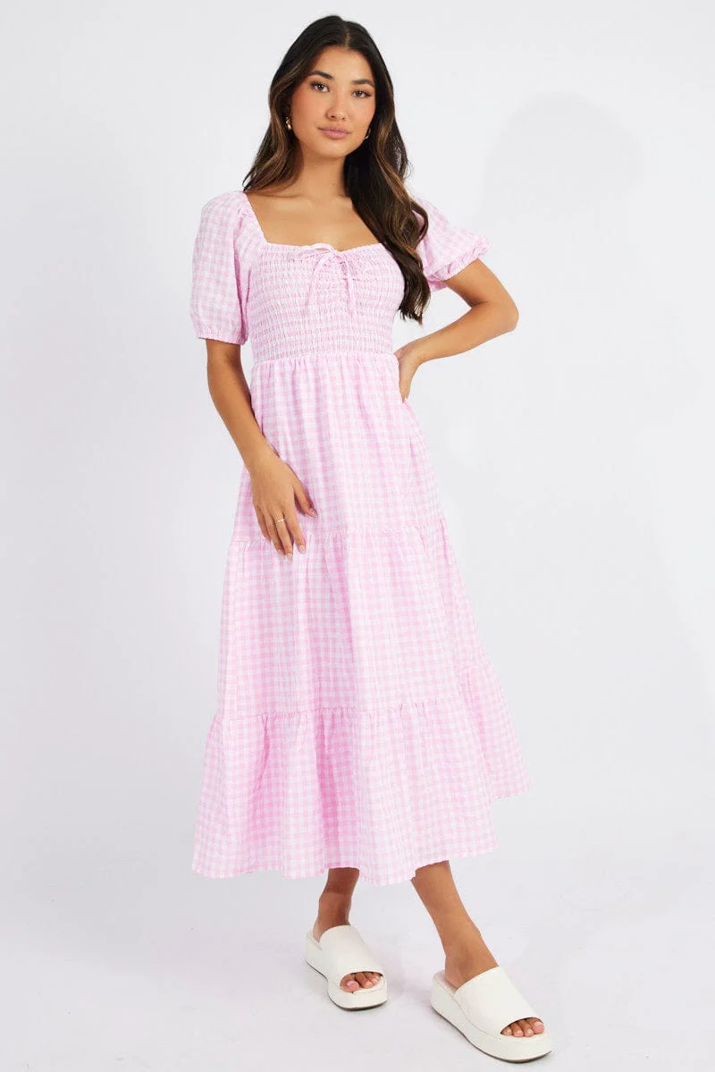 Pink Check Maxi Dress Short Sleeve Shirred
