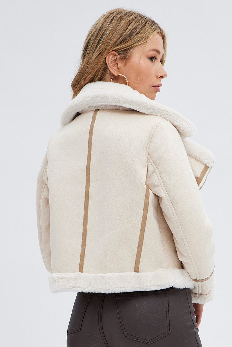 Beige Faux Fur Biker Jacket
