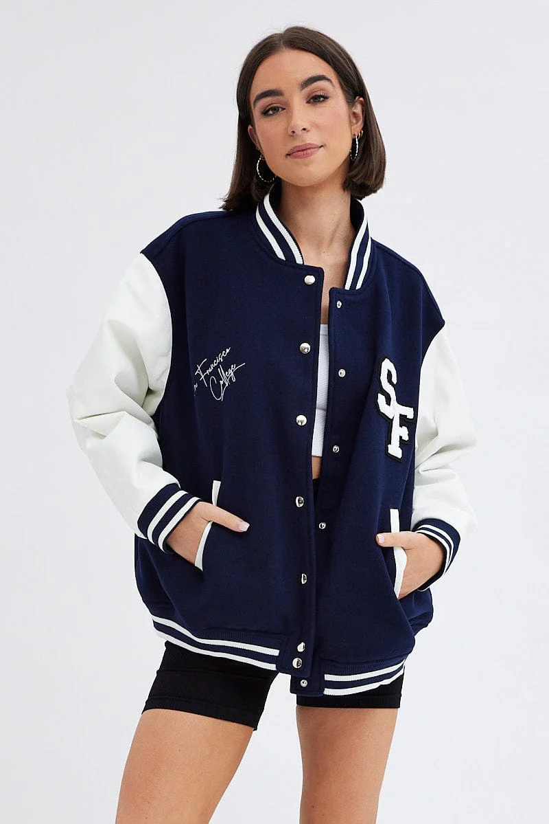 Blue Varsity Jacket Long Sleeves Embroidery Details
