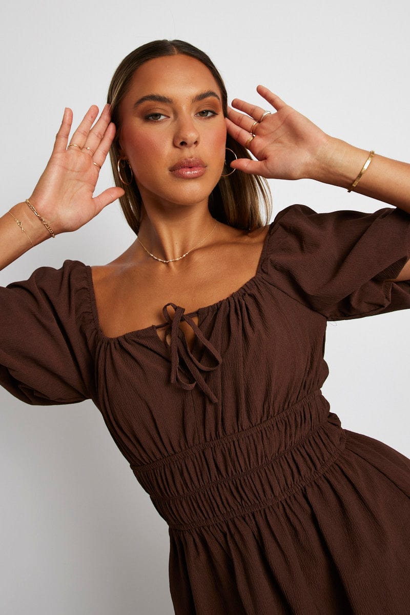 Brown Fit And Flare Dress Puff Sleeve Mini