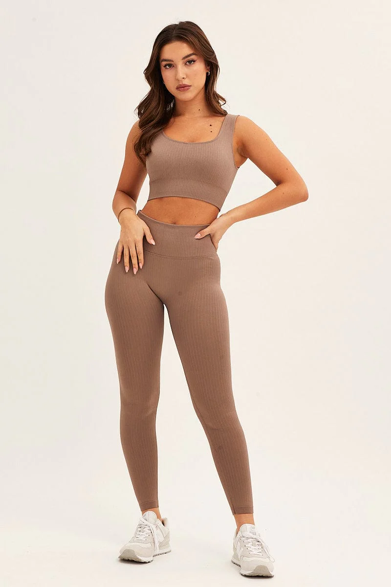 Brown Seamless Activewear Leggings Set