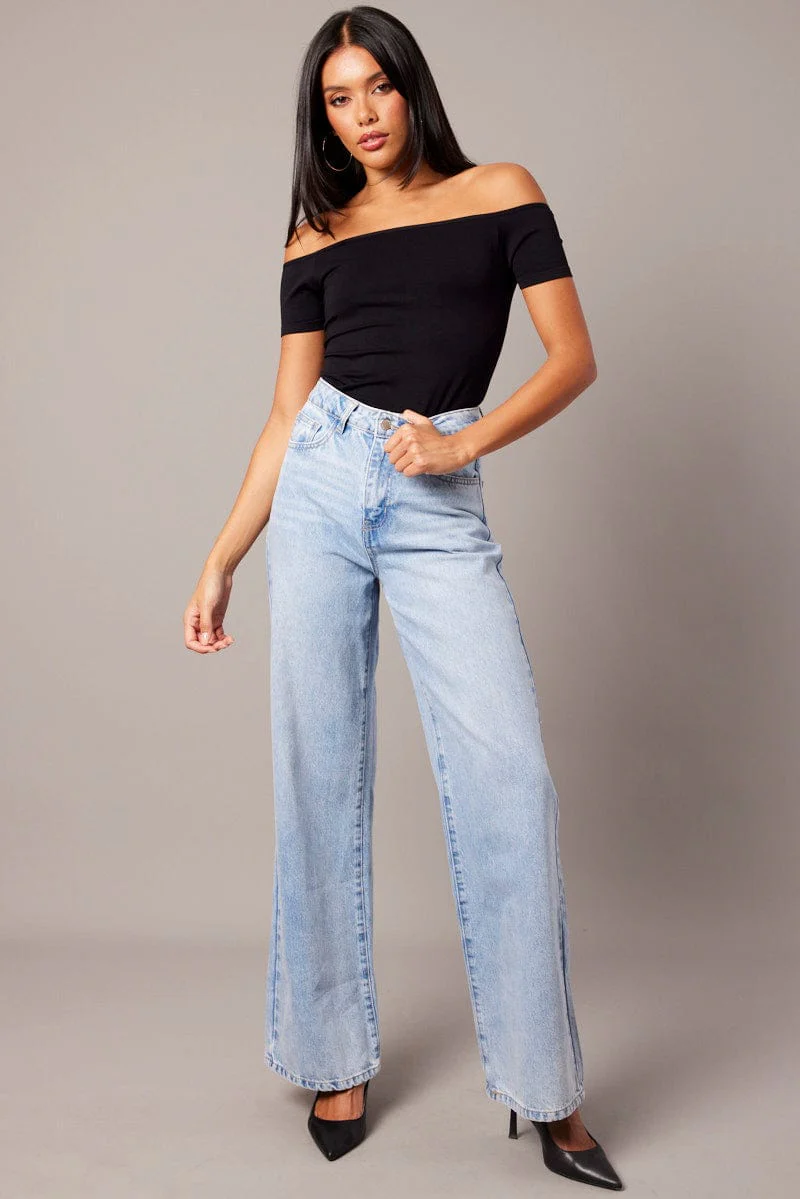 Black Off Shoulder Top Short Sleeve Seamless