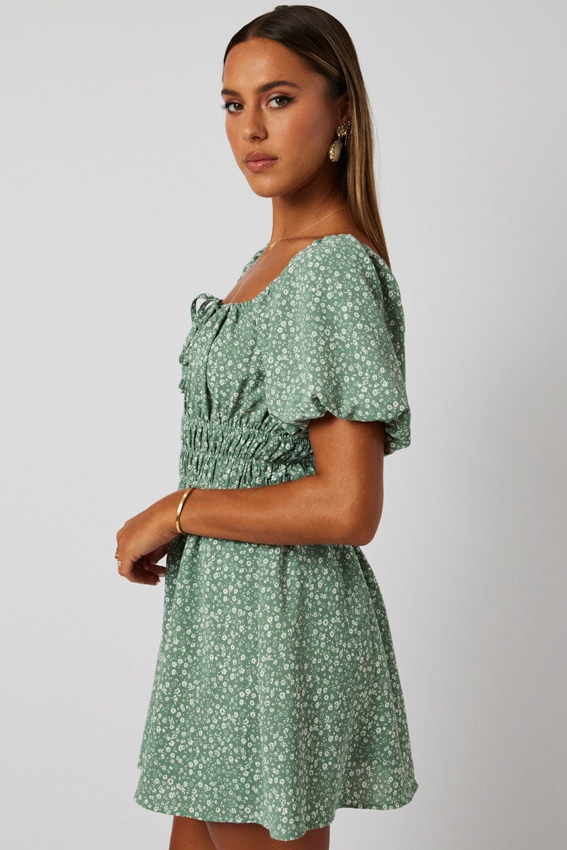 Green Ditsy Fit And Flare Dress Puff Sleeve Mini