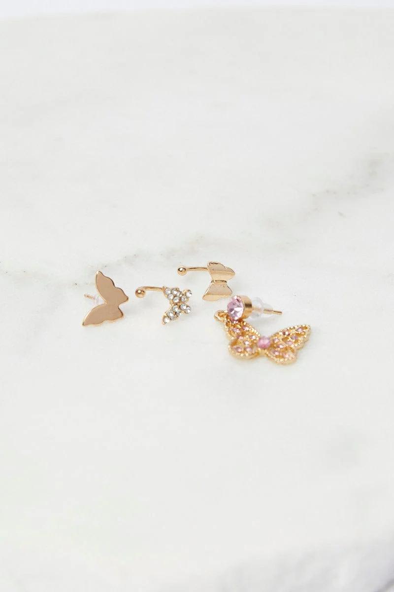 Gold 4 Pack Butterfly Stud Earrings