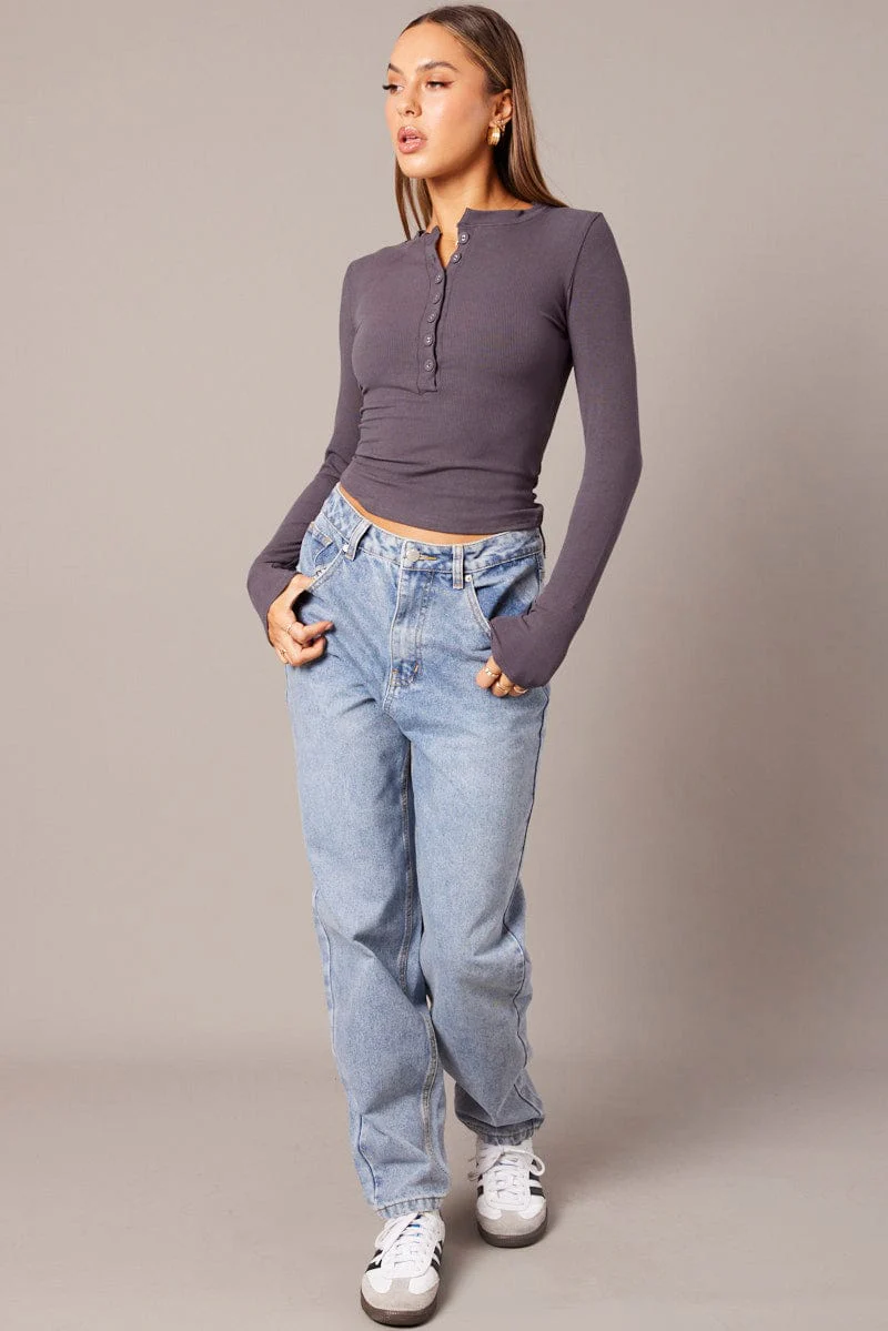 Grey Button Front Top Long Sleeve