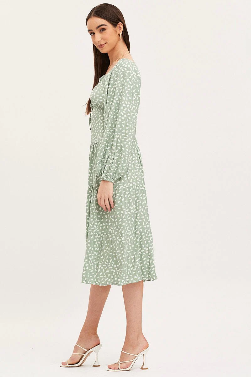 Geo Print Dress Long Sleeve Midi