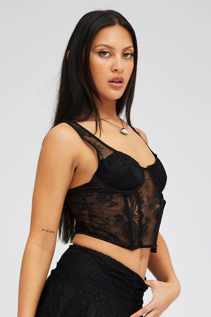 Black Black Lace Top Short Sleeve Slightly Stretch