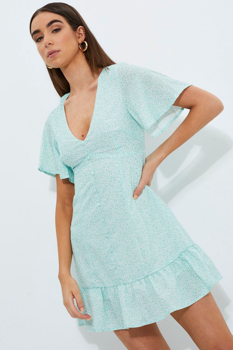 Print Print Bell Sleeve Frill Hem Dress