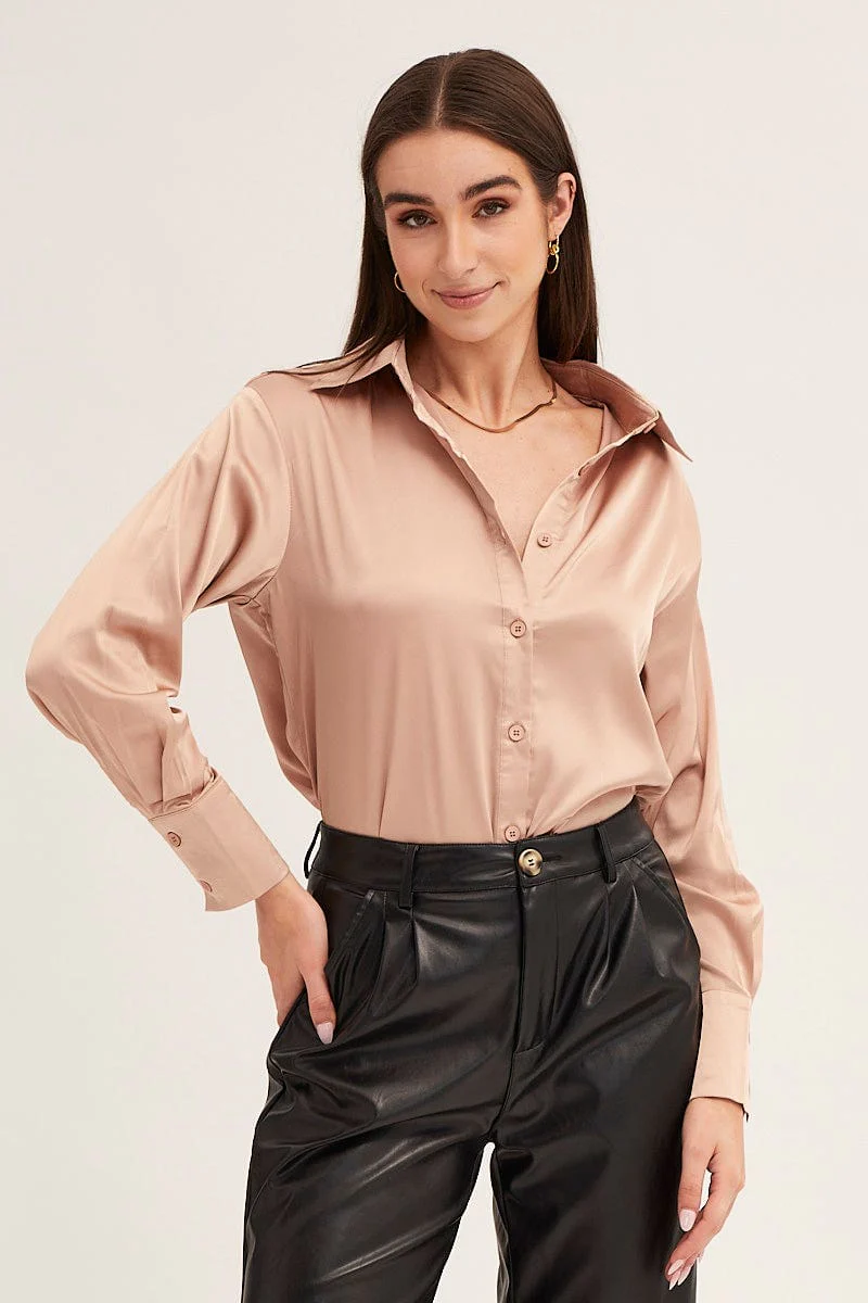 Camel Neutral Satin Shirt Long Sleeve Collared Longline