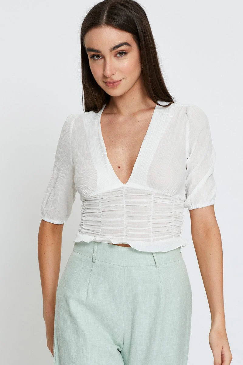 White Crop Top V-Neck
