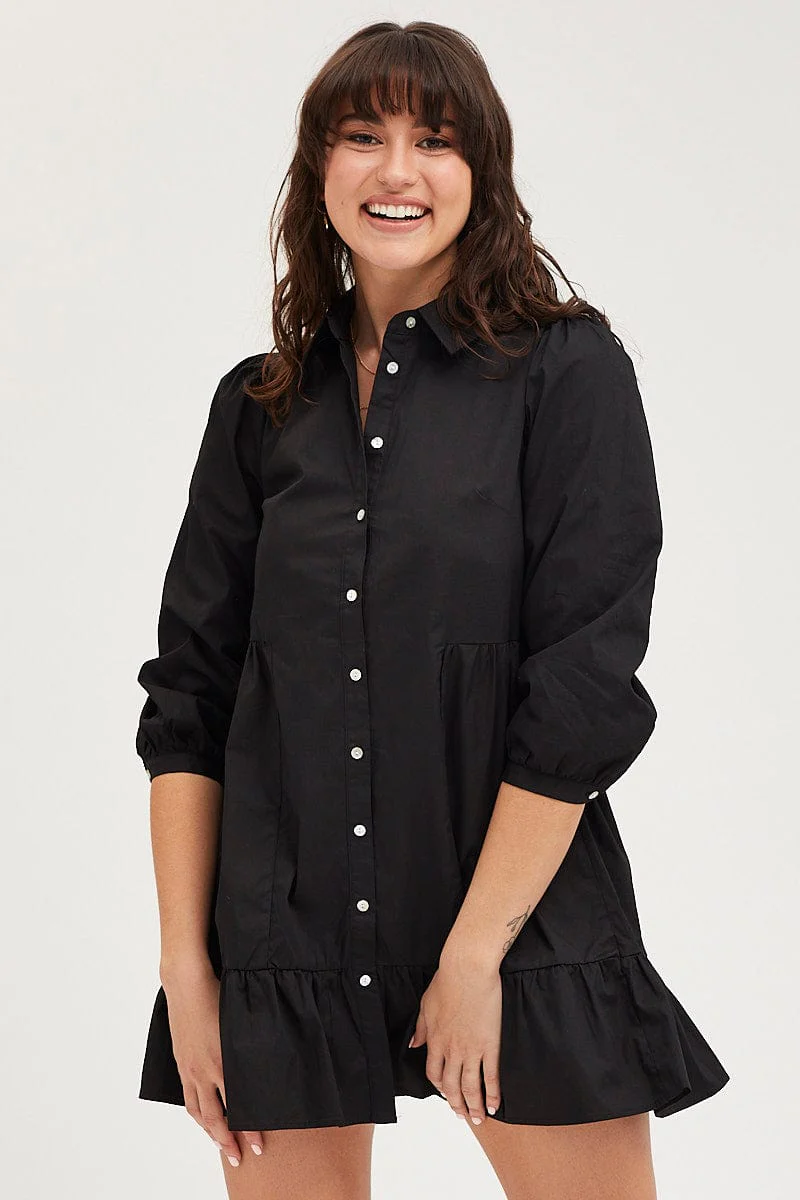 Black Shirt Dress Long Sleeve Mini High Neck