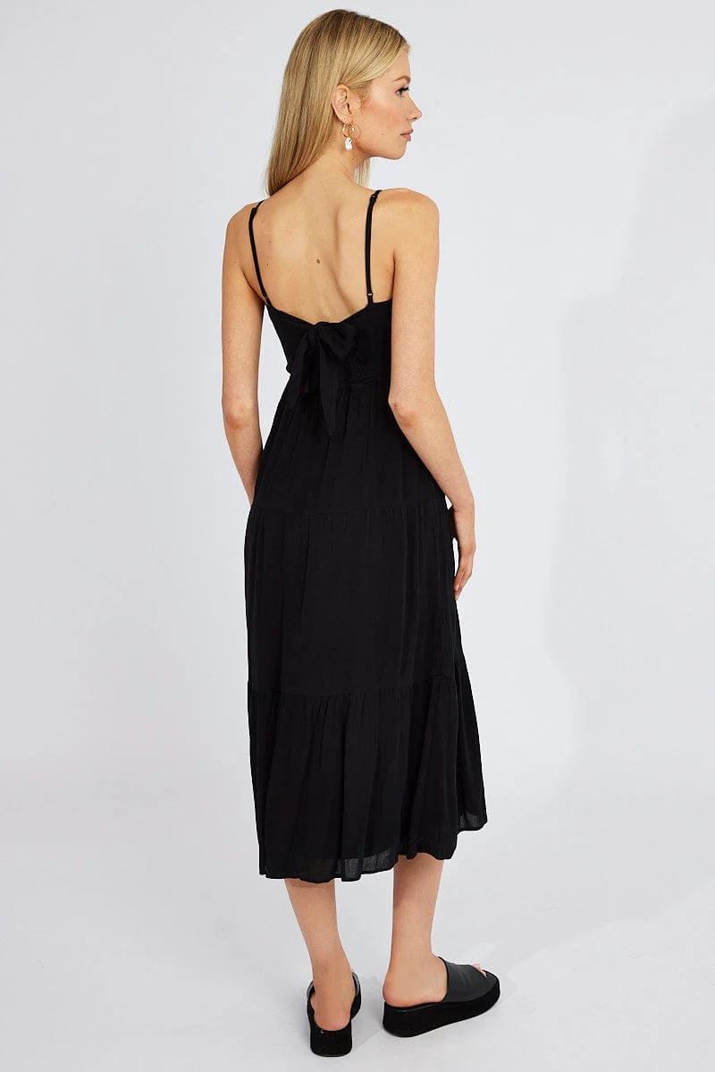 Black Midi Dress Sleeveless Shirred Tie Back