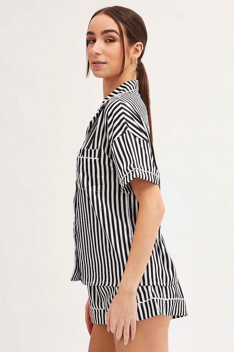 BLACK Pyjamas Set Short Sleeve Collared Shorts Satin