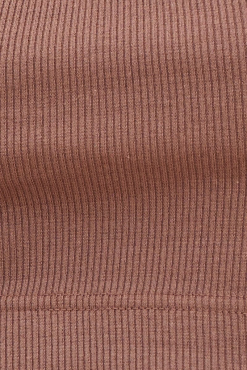Brown Crop Top Cotton Blend Rib Tank Elasticated Hem
