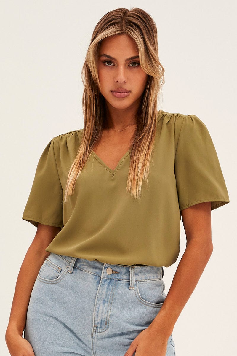 Green Workwear Printed V Neck Short Sleeve Top
