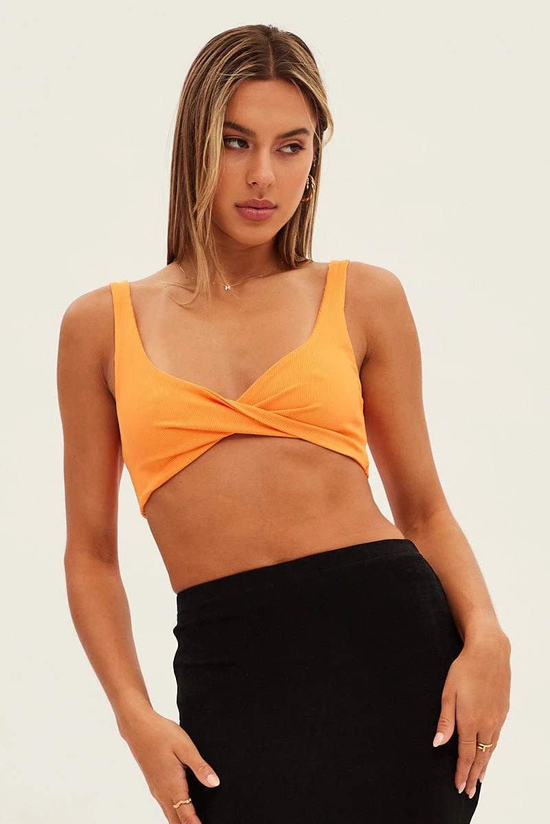 Orange Crop Top Sleeveless Sweetheart Twist Front Rib