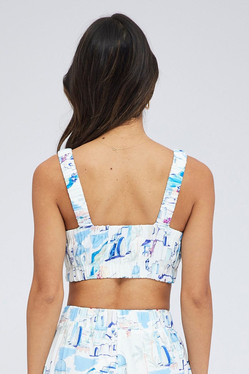 Blue Print Crop Top Sleeveless Cotton Ruched Strap Cami