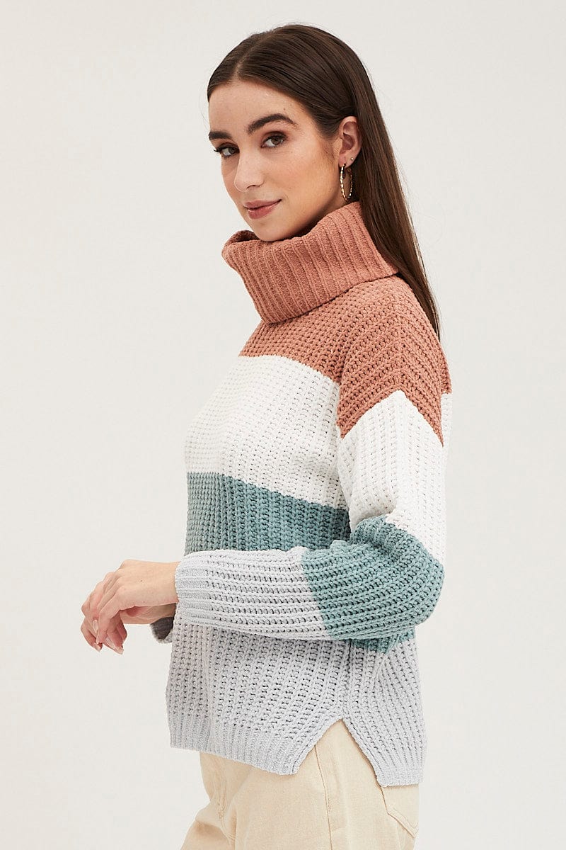 Stripe Knit Top Long Sleeve Relaxed Turtleneck