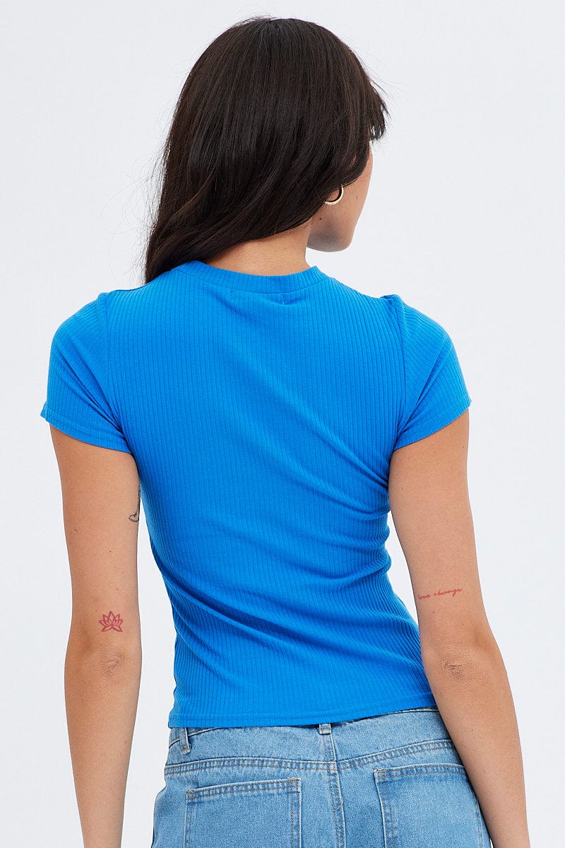 Blue Cut Out Top Short Sleeve Mock Neck Rib