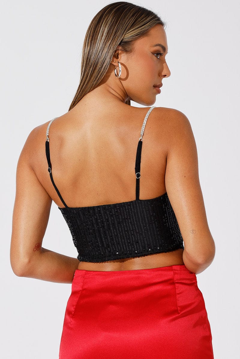 Black Sequins Cami Cowl Neck Crop