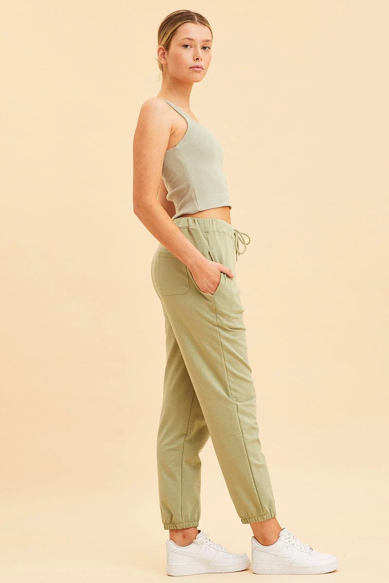 Green Lounge Pant Cotton Terry Stretch Drawstring Waist