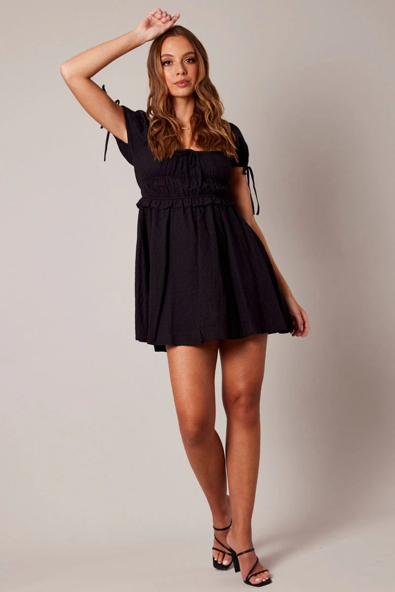 Black Fit and Flare Dress Short Sleeve Textured