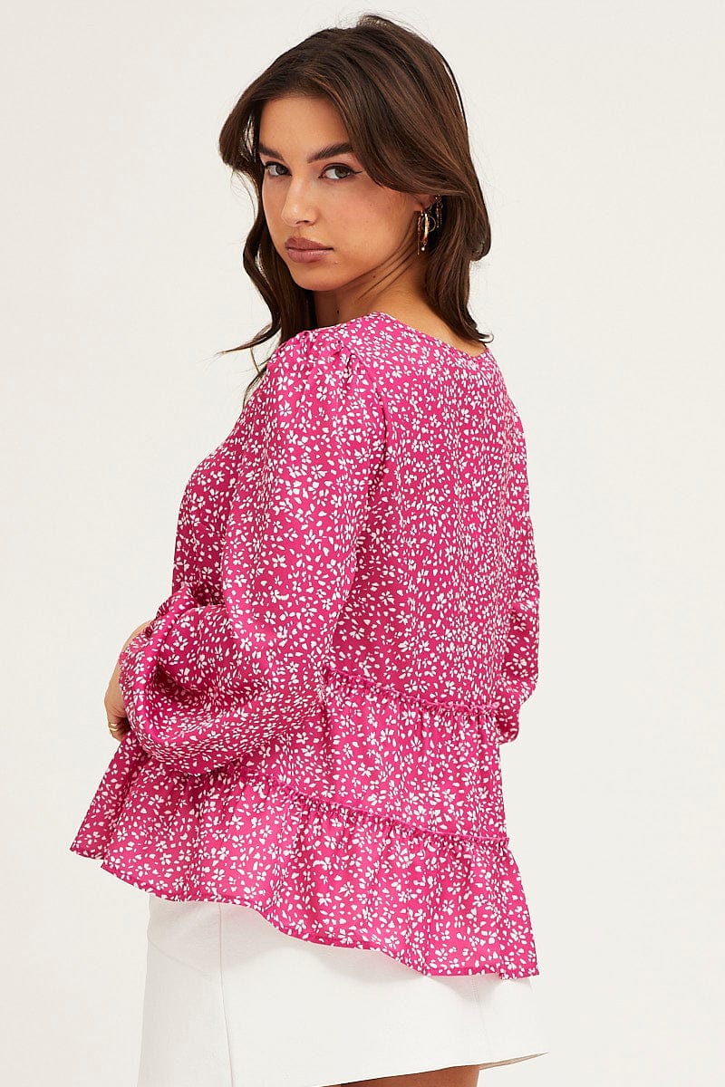 Ditsy Print Ruffle Top Long Sleeve