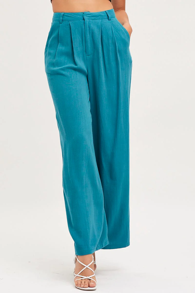 Blue Wide Leg Pants High Rise