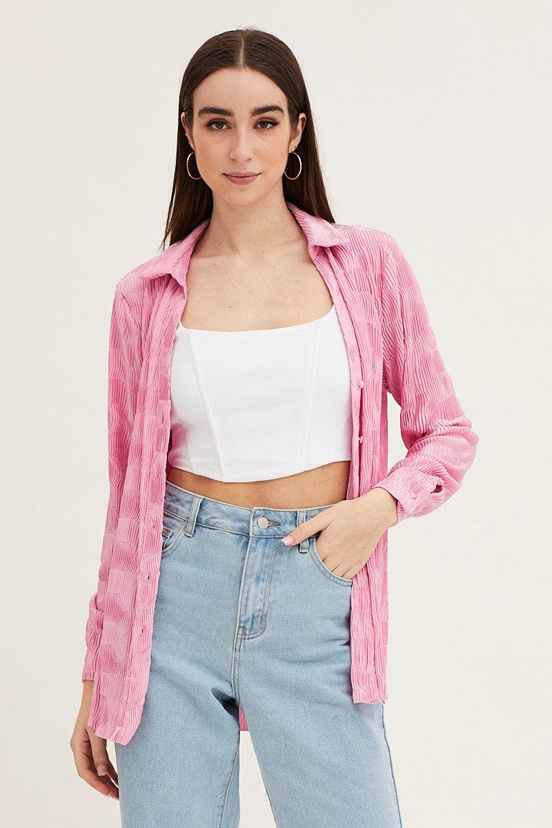Pink Long Sleeve Plisse Shirt