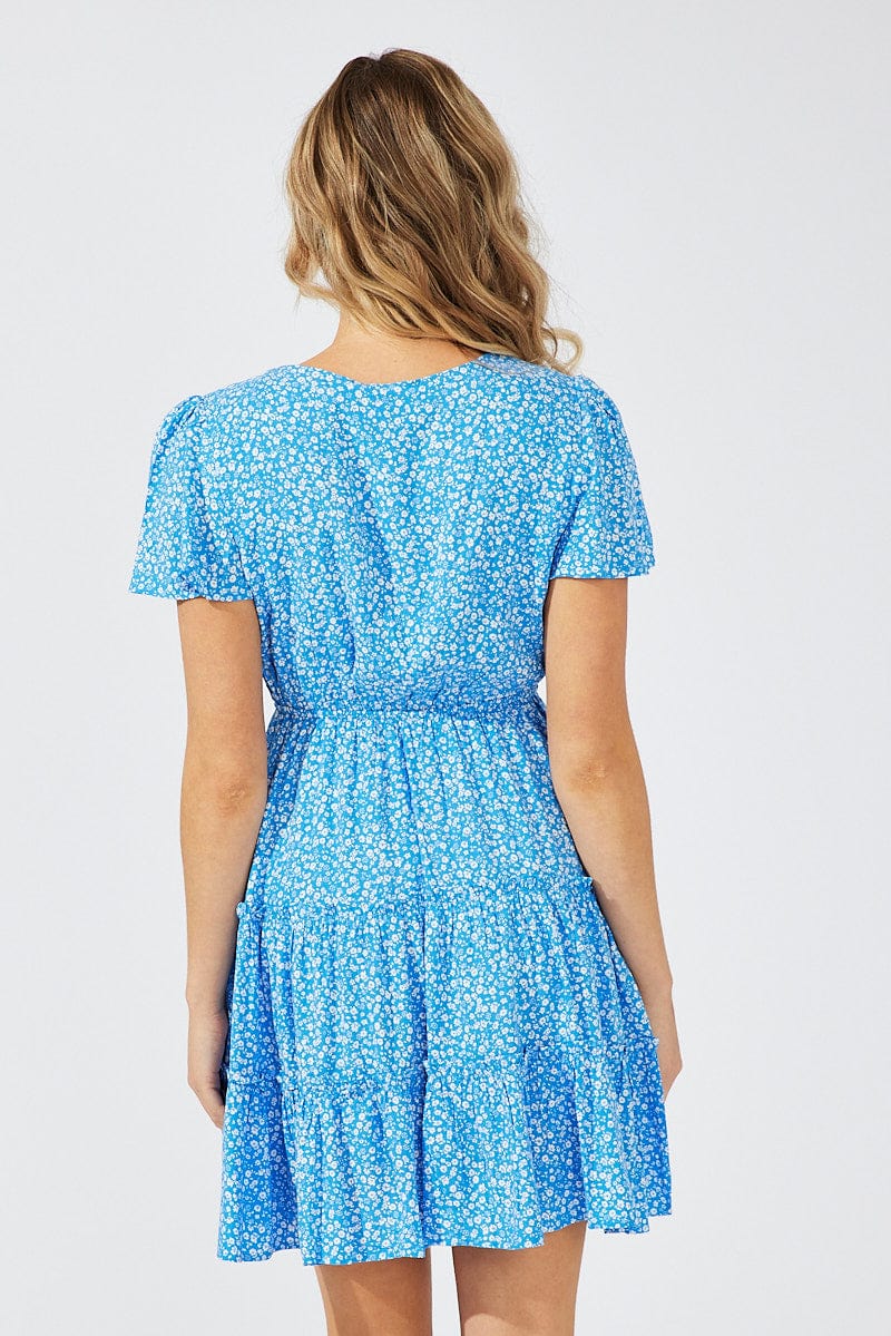 Blue Ditsy Fit And Flare Dress V-neck Mini