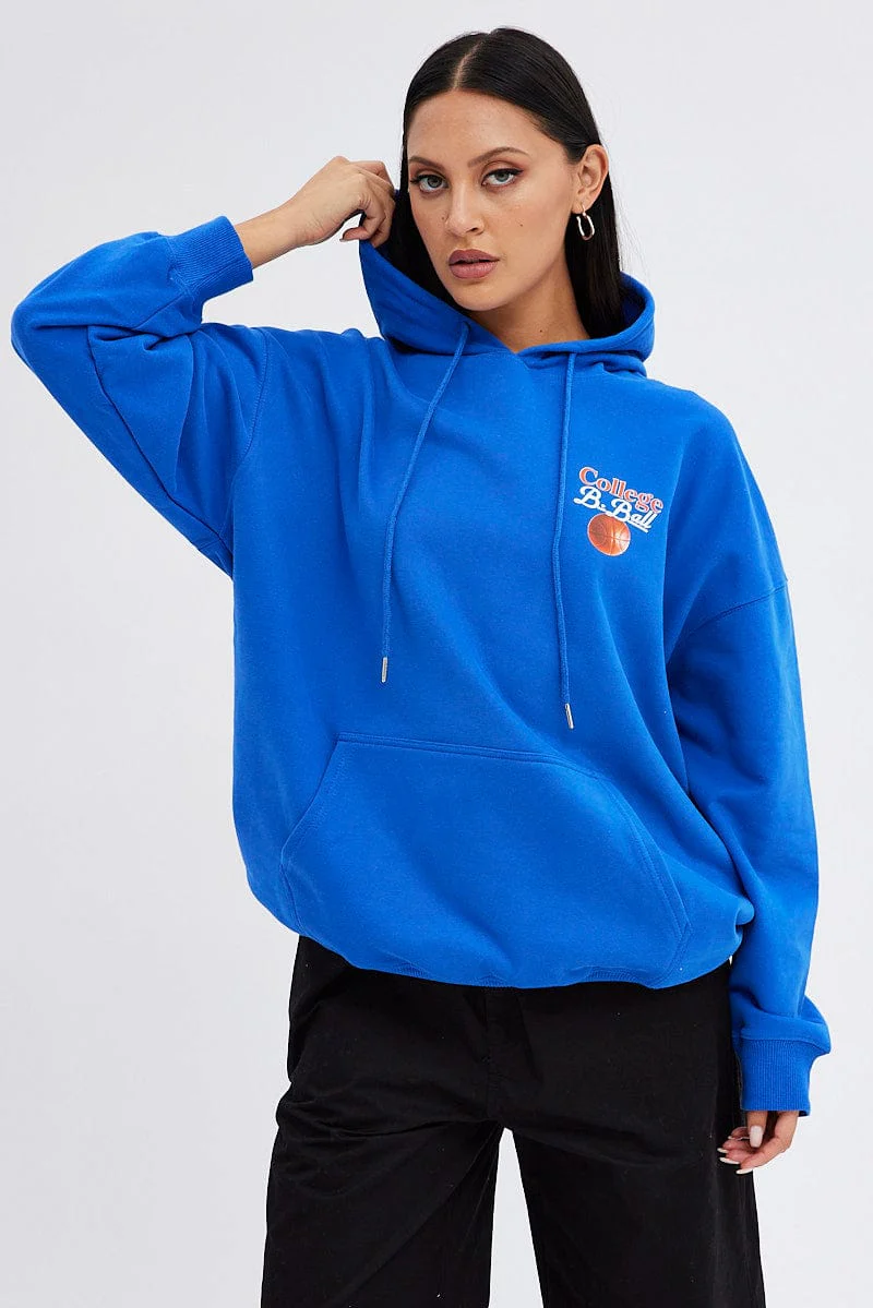 Blue Hoodie Sweater Long Sleeve Longline Basketball