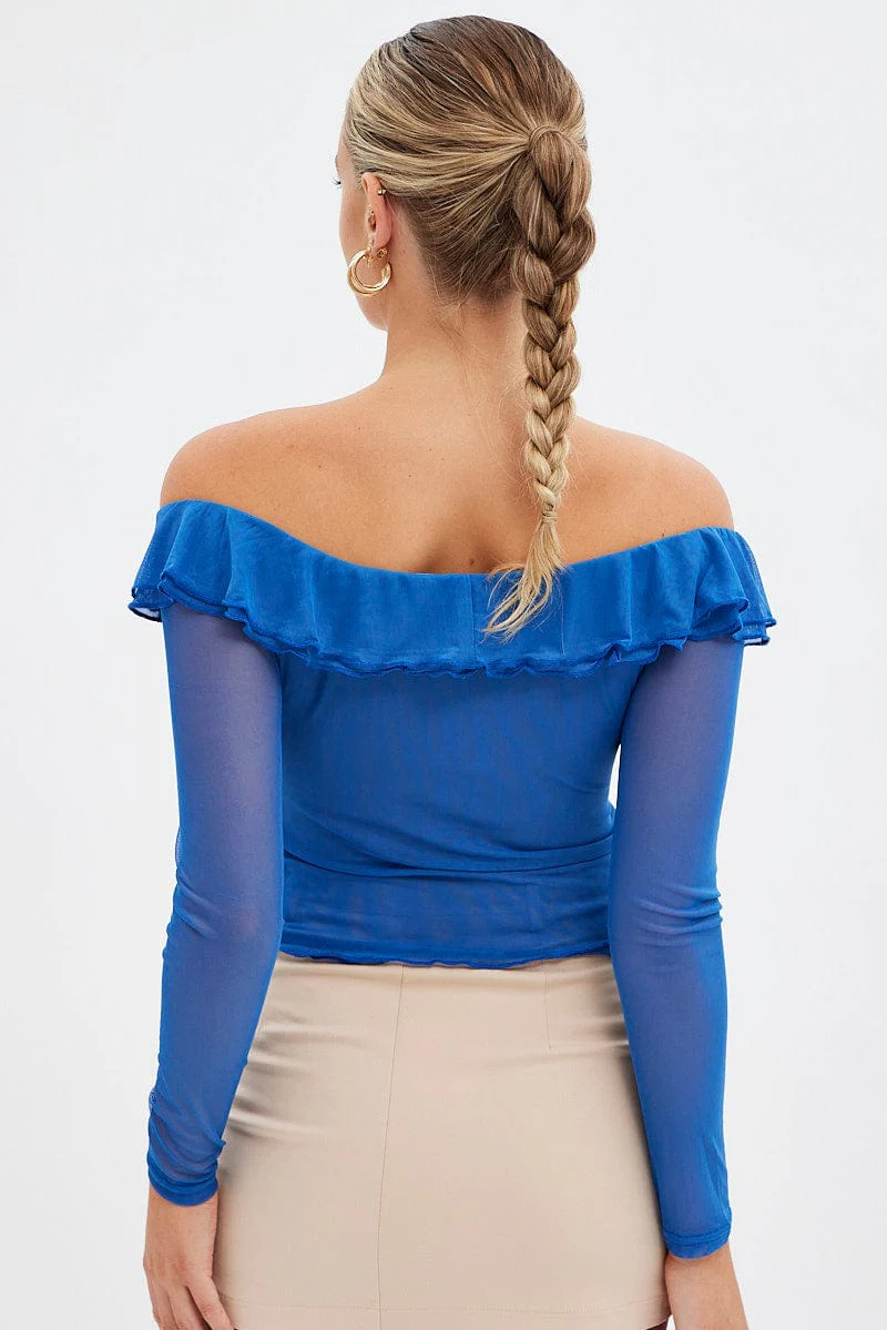 Blue Mesh Top Long Sleeve Off Shoulder Frill Lined