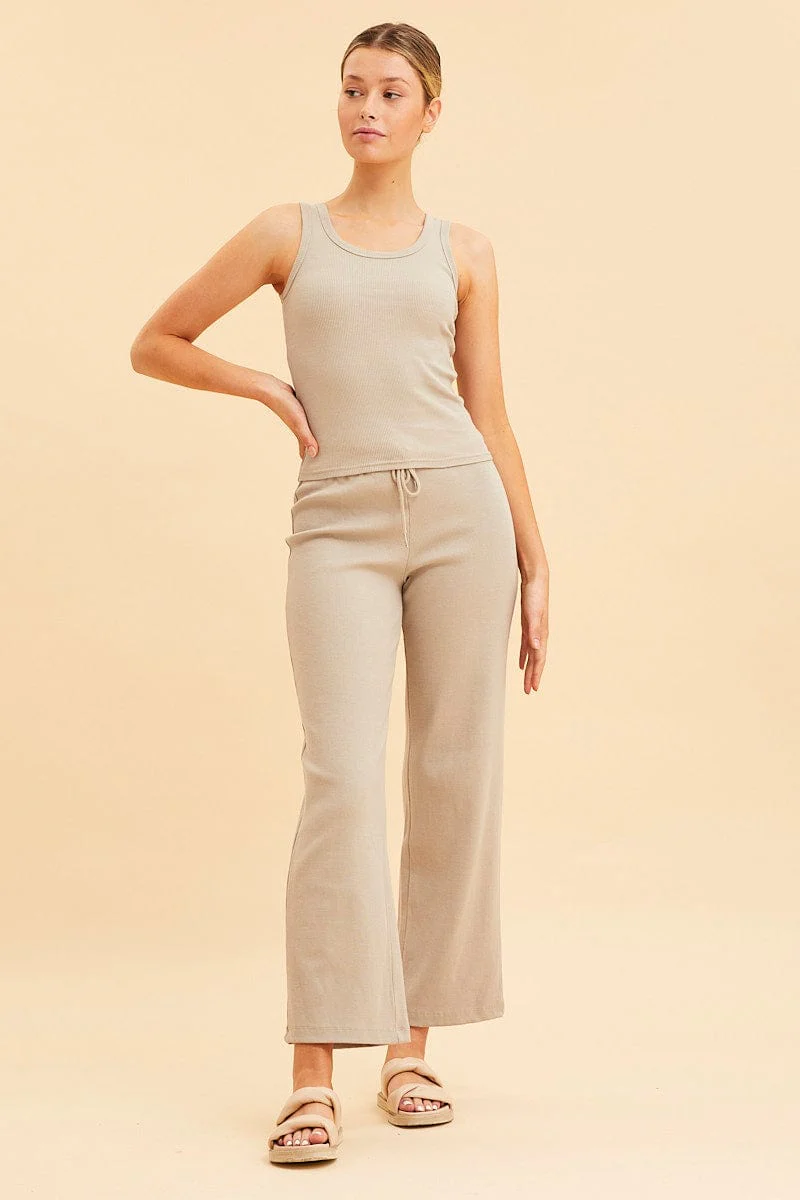 Beige Wide Leg Pant Rib Crop Drawstring Waist
