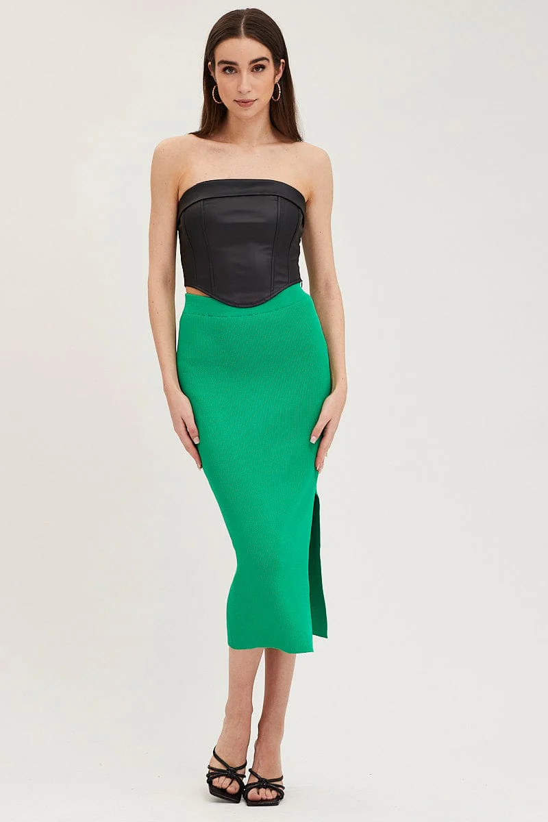 Green Knit Skirt Midi Side Split