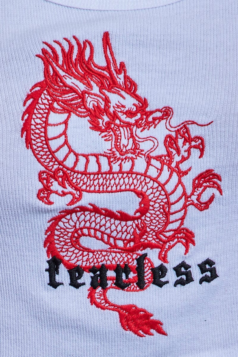 White Rib Tank Top Dragon Embroidery