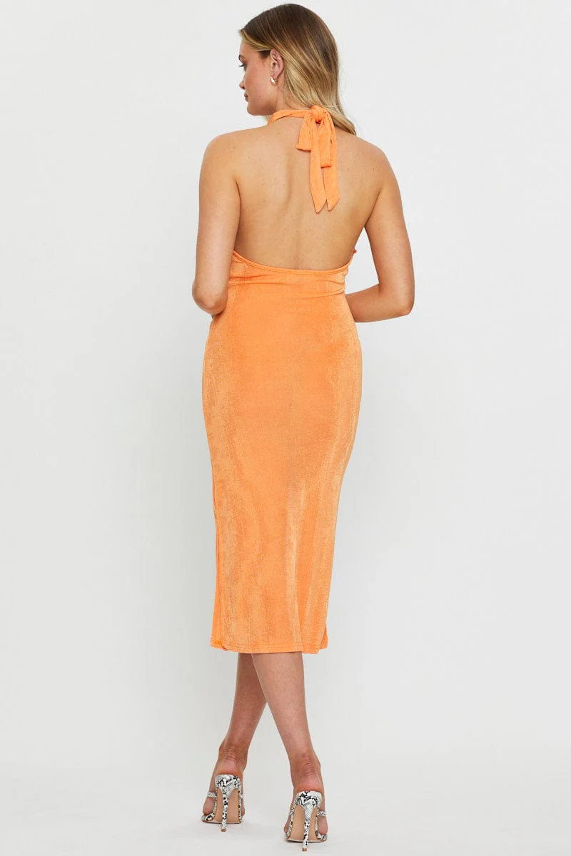 Orange Midi Dress Halter Neck
