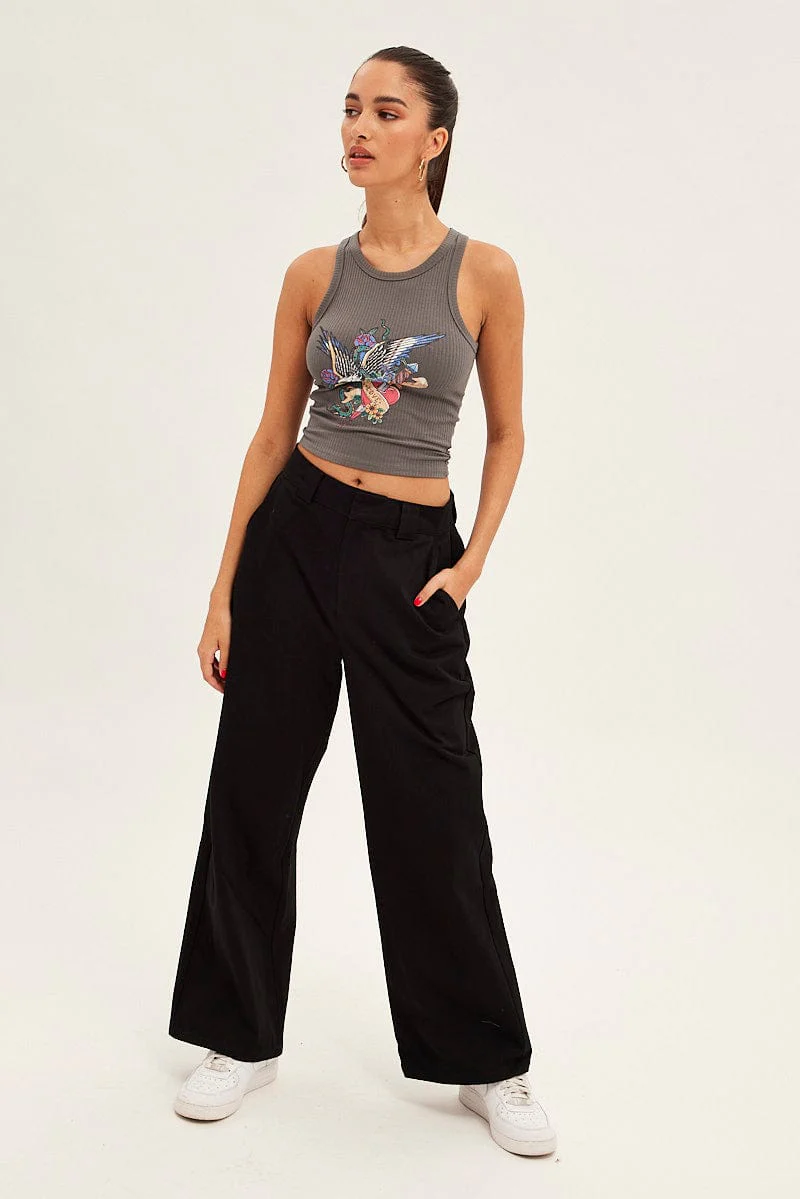 Grey Tank Sleeveless Crew Neck Rib Eagle Graphic