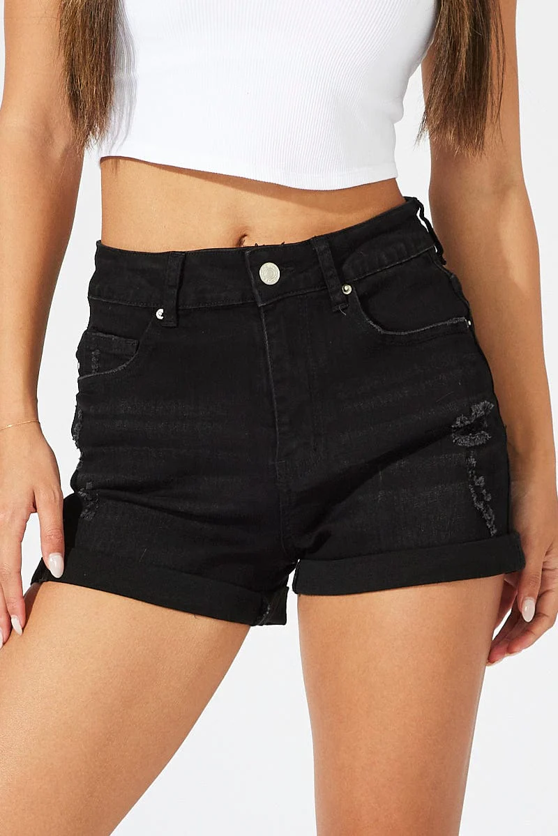 Black Stretch Denim Short Roll Up Hem