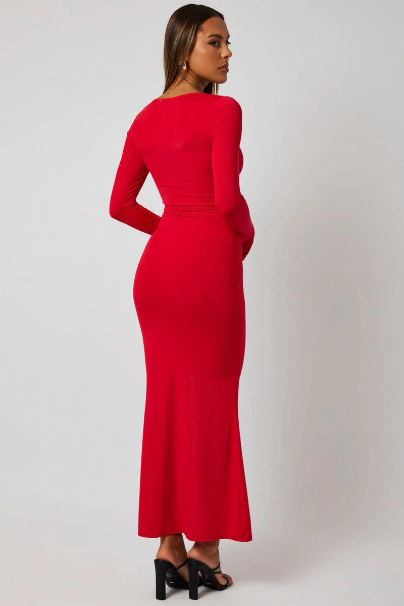 Red Maxi Dress Strappy Flared Sleeve Bodycon Dress