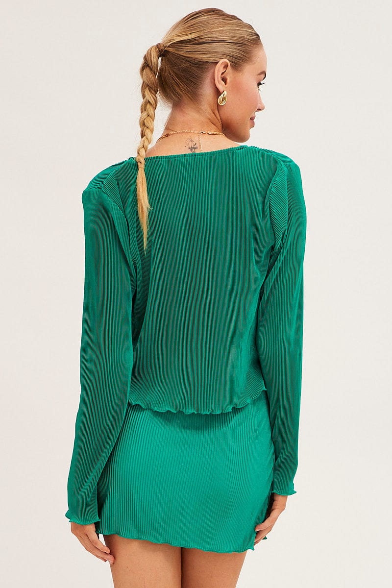 Green Bolero Long Sleeve Tie Front Plisse Satin