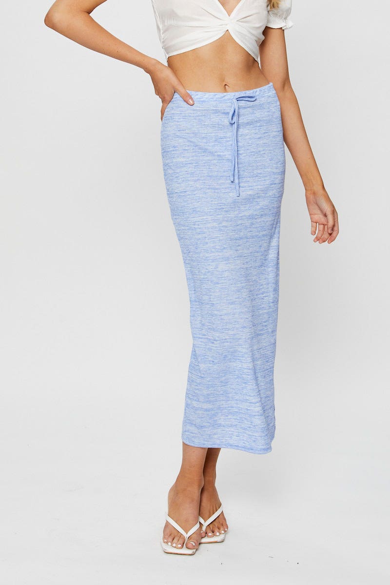 Blue Ribbed Bodycon Midi Skirt