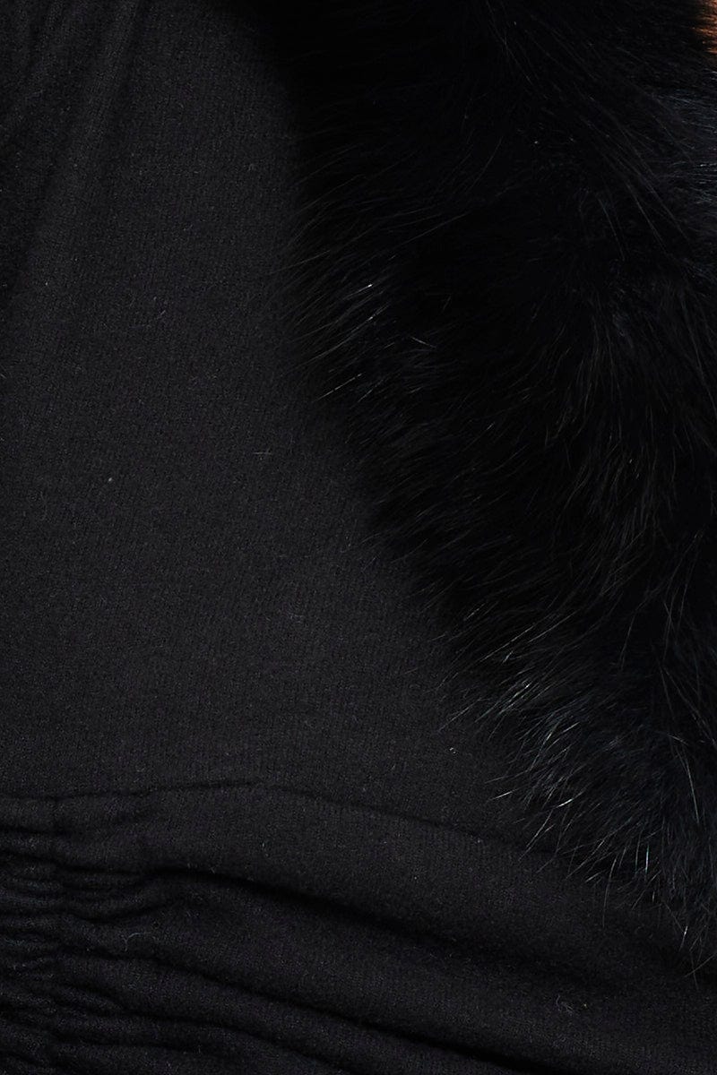 Black Fur Trim Drawstring Top
