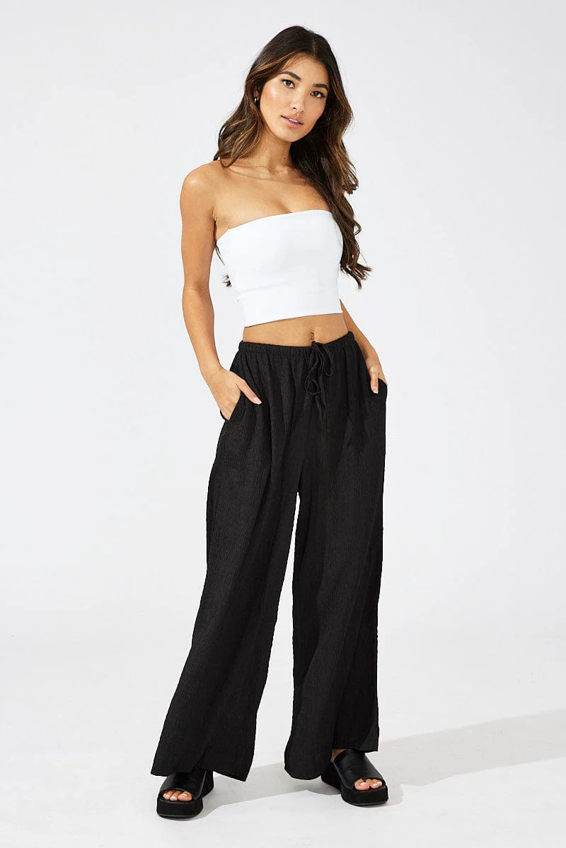 Black Wide Leg Pants High Rise Textured Fabric