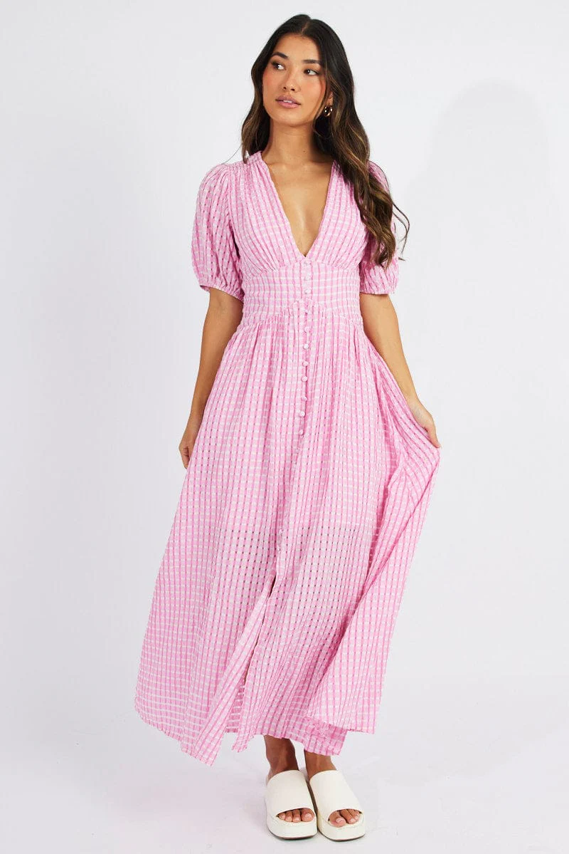 Pink Midi Dress Puff Sleeve