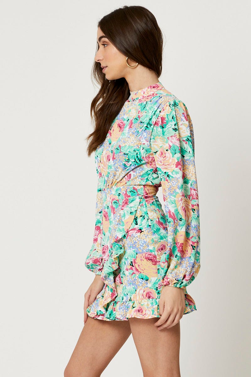 Print High Neck Wrap Skirt Dress